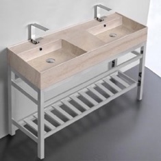 Modern Double Console Sink Vanity, Travertine Style Sink, 48 inch